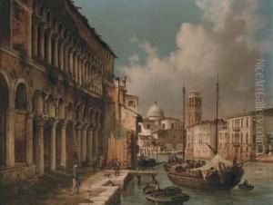 Figures Before A Palazzo On A Venetian Backwater With San Giorgio Maggiore Beyond