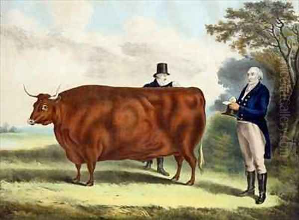 Portrait of Mr TW Coke Esq and Clerk Hilliard Esq with a North Devon Ox - view 1