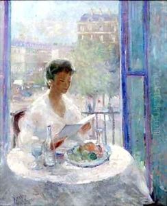 Lady reading at an open window by Clementine-Helene Dufau