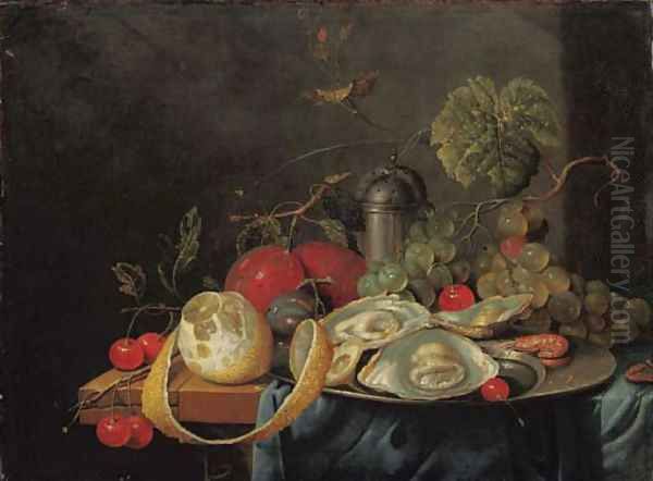 Oysters and a prawn on a pewter plate, a partly peeled lemon, plums, grapes and cherries on a partly draped table - view 1
