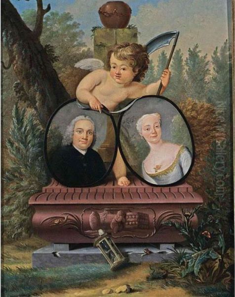 A 'memento Mori' Portrait: A 
Portrait Of A Gentleman, Bust Length, Wearing A Black Suit, And A 
Portrait Of His Wife, Bust Length, Wearing A Grey Silk Dress, Both In 
Painted Ovals, On A Red Stone Pedestal, Together With A Putto Holding A 
Scythe, An - view 1