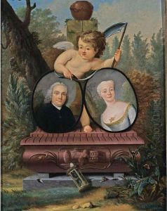 A 'memento Mori' Portrait: A
Portrait Of A Gentleman, Bust Length, Wearing A Black Suit, And A
Portrait Of His Wife, Bust Length, Wearing A Grey Silk Dress, Both In
Painted Ovals, On A Red Stone Pedestal, Together With A Putto Holding A
Scythe, An by Jan Maurits Quinkhard