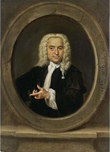 A Portrait Of A Gentleman,
Standing Bust Length, Wearing A Black Coat, A White Chemise And A Wig,
In A Stone Cartouche - view 1
