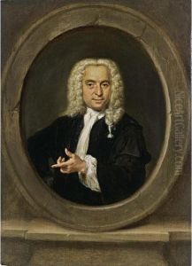 A Portrait Of A Gentleman, 
Standing Bust Length, Wearing A Black Coat, A White Chemise And A Wig, 
In A Stone Cartouche
