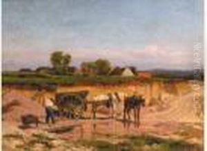 Homme Et Chevaux De Trait Travaillant Pres D'un Canal