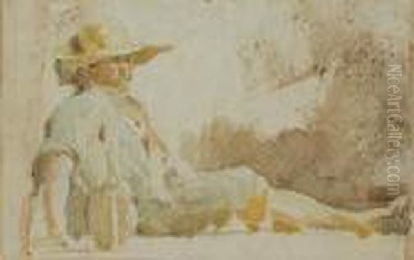 Raffiguranti Uomo Seduto Con Cappello E Due Teste Femminili - view 1
