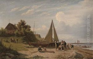 Selling Fish On The Shore by Peter Johann Raadsig