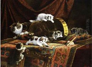 Katzenfamilie Am Vogelkafig by Cornelis Raaphorst