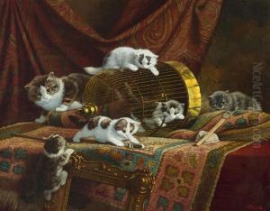 Six Cats Near A Bird Cage
