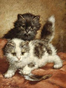Two Kittens Playing With A Feather by Cornelis Raaphorst