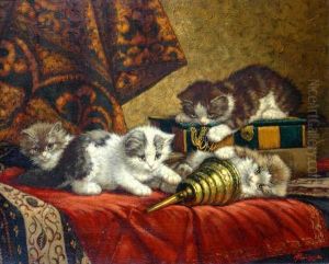 Kittens At Play Signed Oil Oncanvas by Cornelis Raaphorst