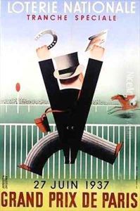 Poster advertising a French National Lottery special issue for the Grand Prix de Paris horse race by Derouet-Lesacq