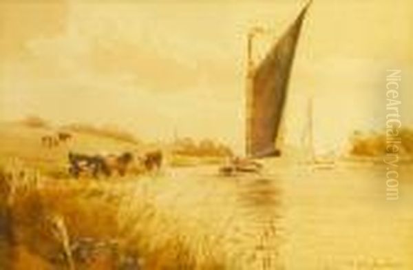Figures Boating With Cattle By The Riverside - view 1