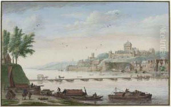 View Of Nijmegen, With Boatmen Loading Barges In Theforeground - view 1