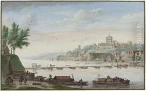 View Of Nijmegen, With Boatmen Loading Barges In Theforeground