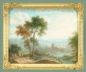 An Extensivelandscape With Travellers Resting Beside The Village Lake by Abraham Rademaker