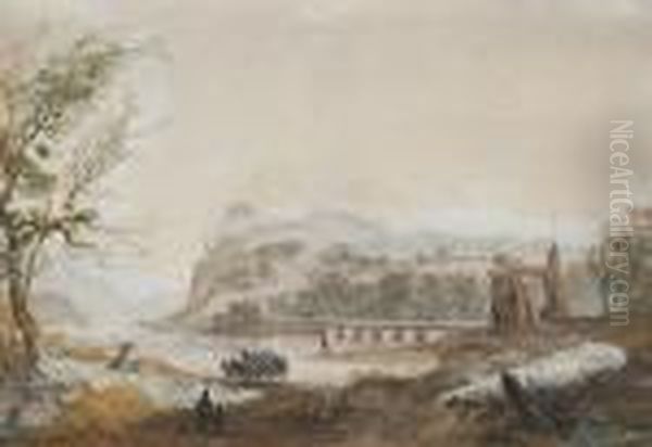 A River Landscape With A Horse
And Carriage On The Banks And A Figures On A Bridge Beyond - view 1