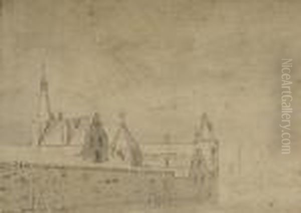 Vue D'une Eglise Et De Quelques
Habitations Pres D'une Riviere; Et Vue D'une Eglise Et D'un Chateau
Entoures De Remparts, Des Bateaux A L'arriere-plan - view 1