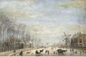 Winter Landscape With Skaters And Sledges On A Frozen River Running Through A Town by Abraham Rademaker