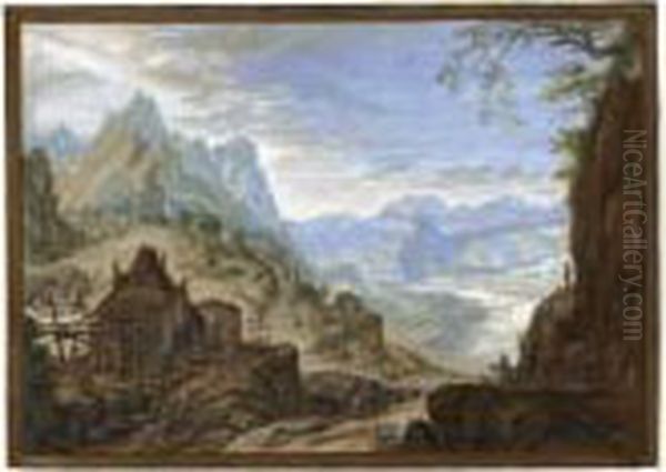 Rhine Landscape, With A 
Watermill To The Left And A Group Of Travellers At A Spring To The Right - view 1