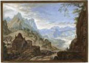 Rhine Landscape, With A
Watermill To The Left And A Group Of Travellers At A Spring To The Right by Abraham Rademaker
