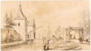 Buildings On A Canal With A Drawbridge, And Two Men Fishing