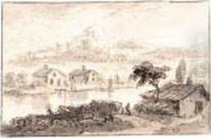 Italianate Landscape With Houses By A River And Hills Behind by Abraham Rademaker