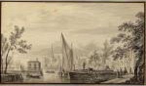 River View With Boats And Buildings Behind by Abraham Rademaker