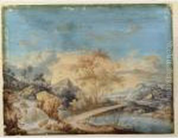 A Mountainous River Landscape
With A Waterfall In The Foreground And Ruins In The Background - view 1