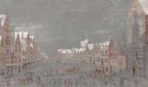 Figures In An Elegant Square In Winter, The Roofs Of A Church Seenbeyond by Abraham Rademaker