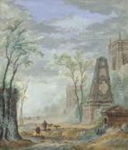 Water Carriers Before Classical 
Ruins; And Figures Netting Before Aclassical Monument With A Palazzo 
Beyond (illustrated)