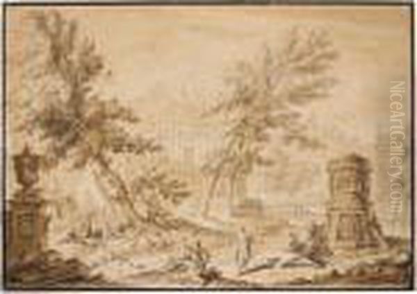 Arcadian Landscape With Buildings, Classical Ruins And Figures Conversing - view 1