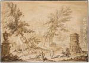 Arcadian Landscape With Buildings, Classical Ruins And Figures Conversing by Abraham Rademaker