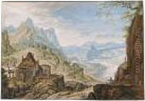 Rhine Landscape With A Mill, And Figures On A Path To The Right by Abraham Rademaker