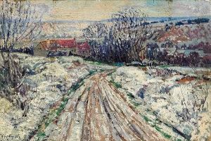 A Winter Landscape With A Track And A Village Beyond by Vaclav Radimsky