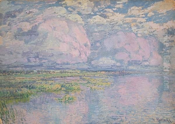 Pink Clouds Over A Marshy River Landscape - view 1