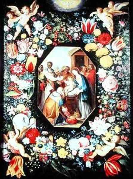 Adoration of the Magi framed in a garland of flowers by Andries Daniels or Danielsz