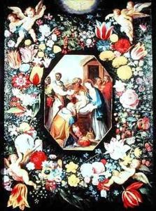 Adoration of the Magi framed in a garland of flowers by Andries Daniels or Danielsz