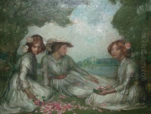 Three Women With Flowers By The 
Shores Of A Lake With Woodland And A Castle In The Distance