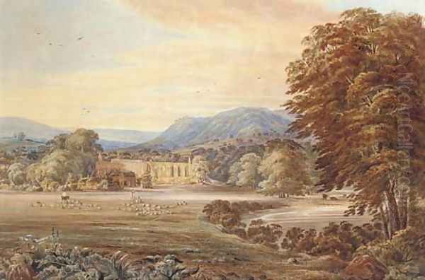 Shepherds herding their flock before Bolton Abbey, Yorkshire - view 1
