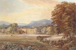 Shepherds herding their flock before Bolton Abbey, Yorkshire