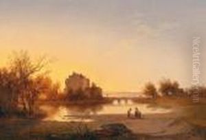 Blick Auf Ein Wasserschlos Im Abendlicht