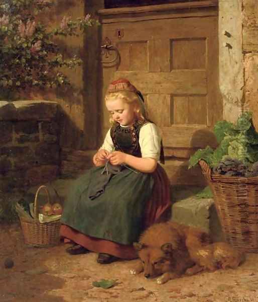 A young girl knitting - view 1