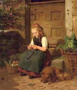 A young girl knitting by Auguste Dircks