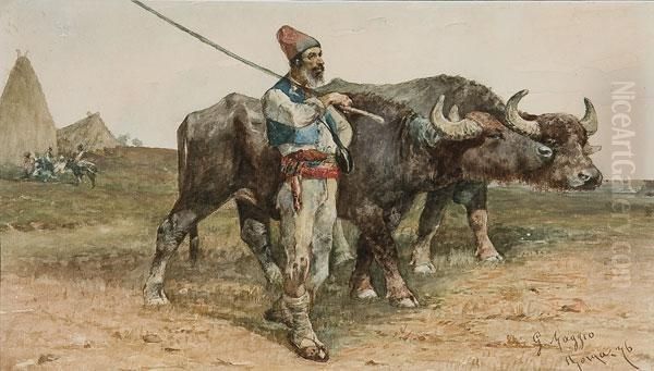 A Herder With Buffalo - view 1
