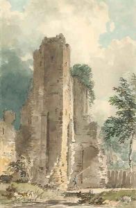 An angler before a ruined castle by Edward Dayes