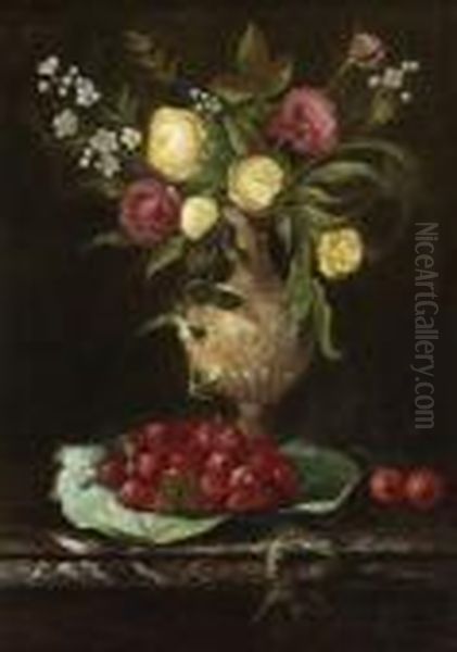 Blumenstillleben Mit Erdbeeren Und Kirschen. - view 1