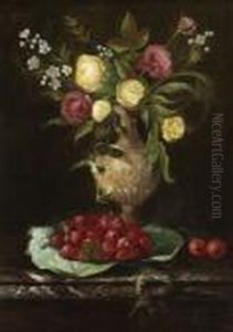 Blumenstillleben Mit Erdbeeren Und Kirschen.
