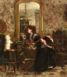 Lady With A Dog By A Mirrorin An Interior by Theodore Jacques Ralli