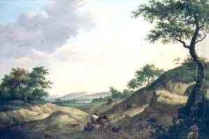 A wooded landscape with herdsmen and animals on a rock by Dionys van Dongen